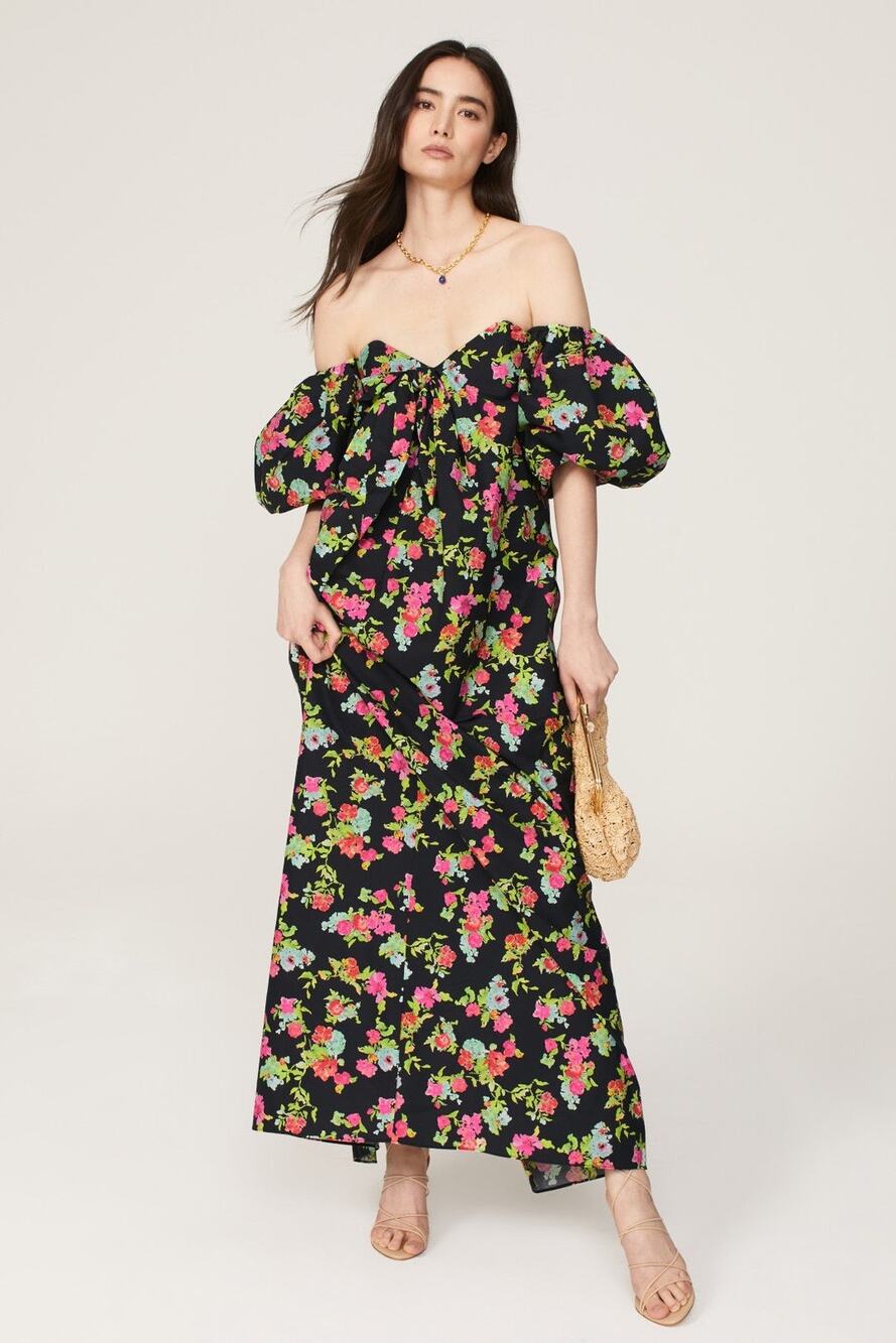 CAROLINE CONSTAS Reyna Black Floral Puff Sleeve Empire Waist Maxi Dress Size M